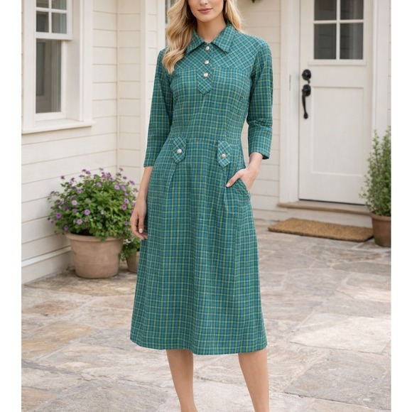 Handmade Dresses & Skirts - Vintage Handmade Sz L Blue Green Plaid Midi Dress Collar Cottagecore‎ Prairie